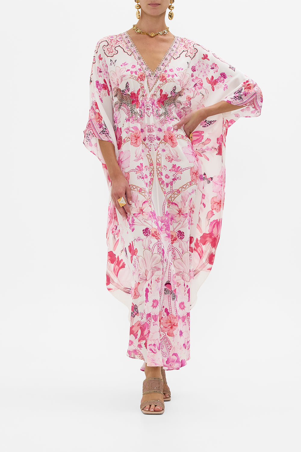 CAMILLA Gathered Waist Kaftan in Botanical Novella print