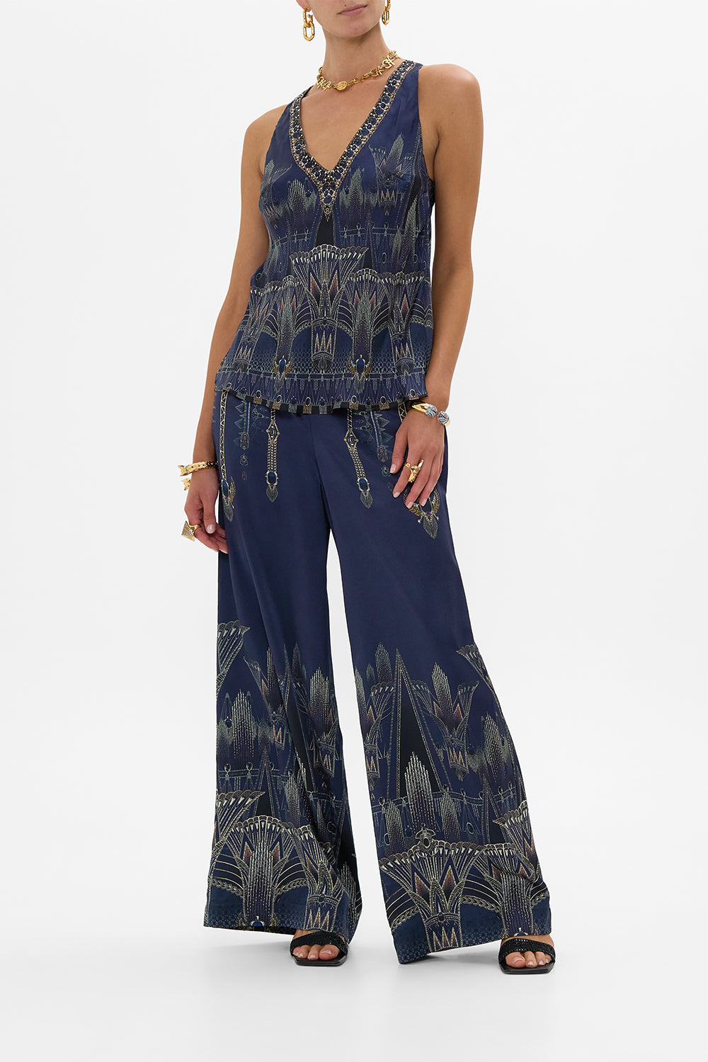 CAMILLA V Neck Top With Knot Back in The Egypt Effect print