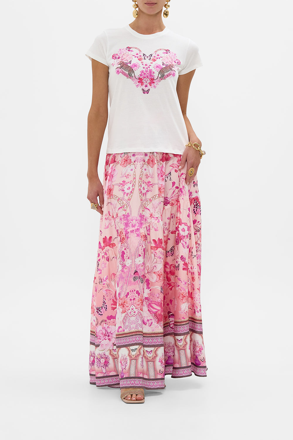 CAMILLA Slim Fit Round Neck T-Shirt - White/ Pink in Botanical Novella print