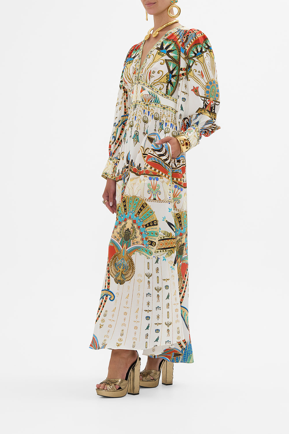 CAMILLA Shaped Waistband Dress With Gathered Sleeves in Valley Of The Queens print.