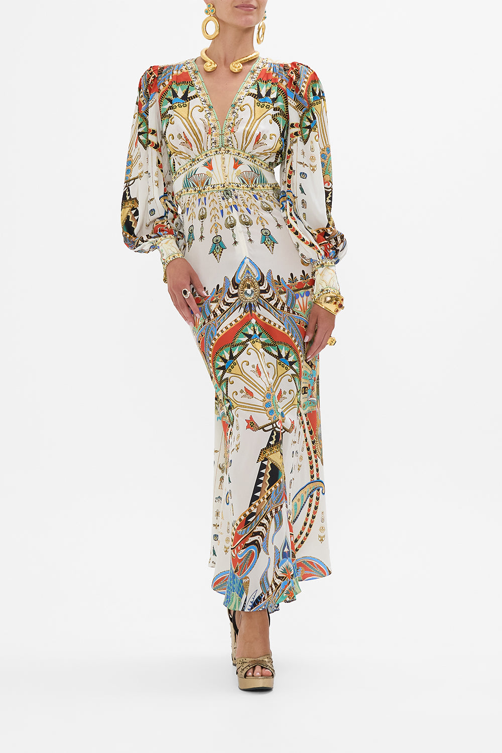 CAMILLA Shaped Waistband Dress With Gathered Sleeves in Valley Of The Queens print.