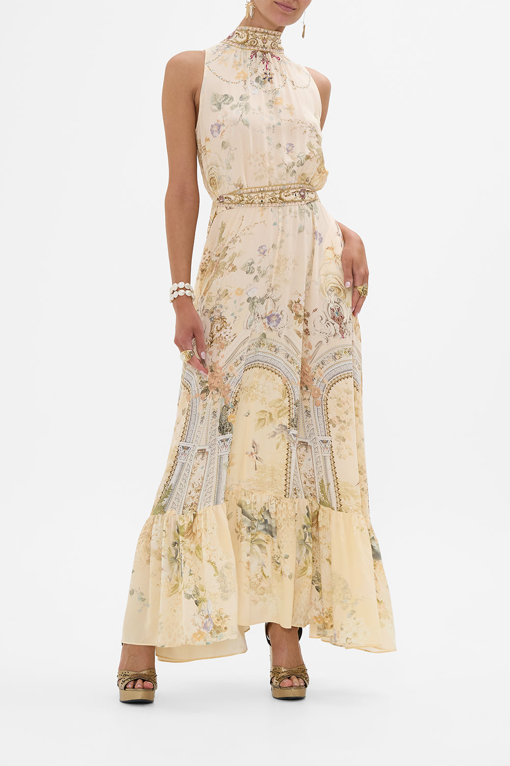 CAMILLA floral necktie dress with elasticated waist in Adorned in Antiquity print.