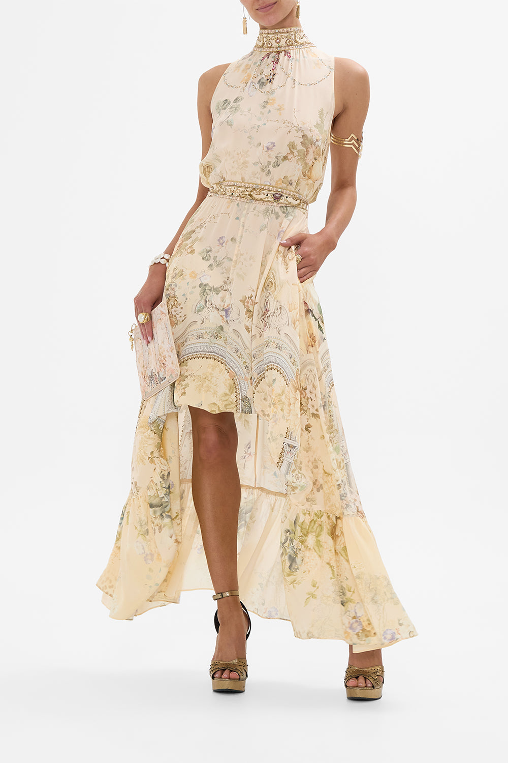 CAMILLA floral necktie dress with elasticated waist in Adorned in Antiquity print.