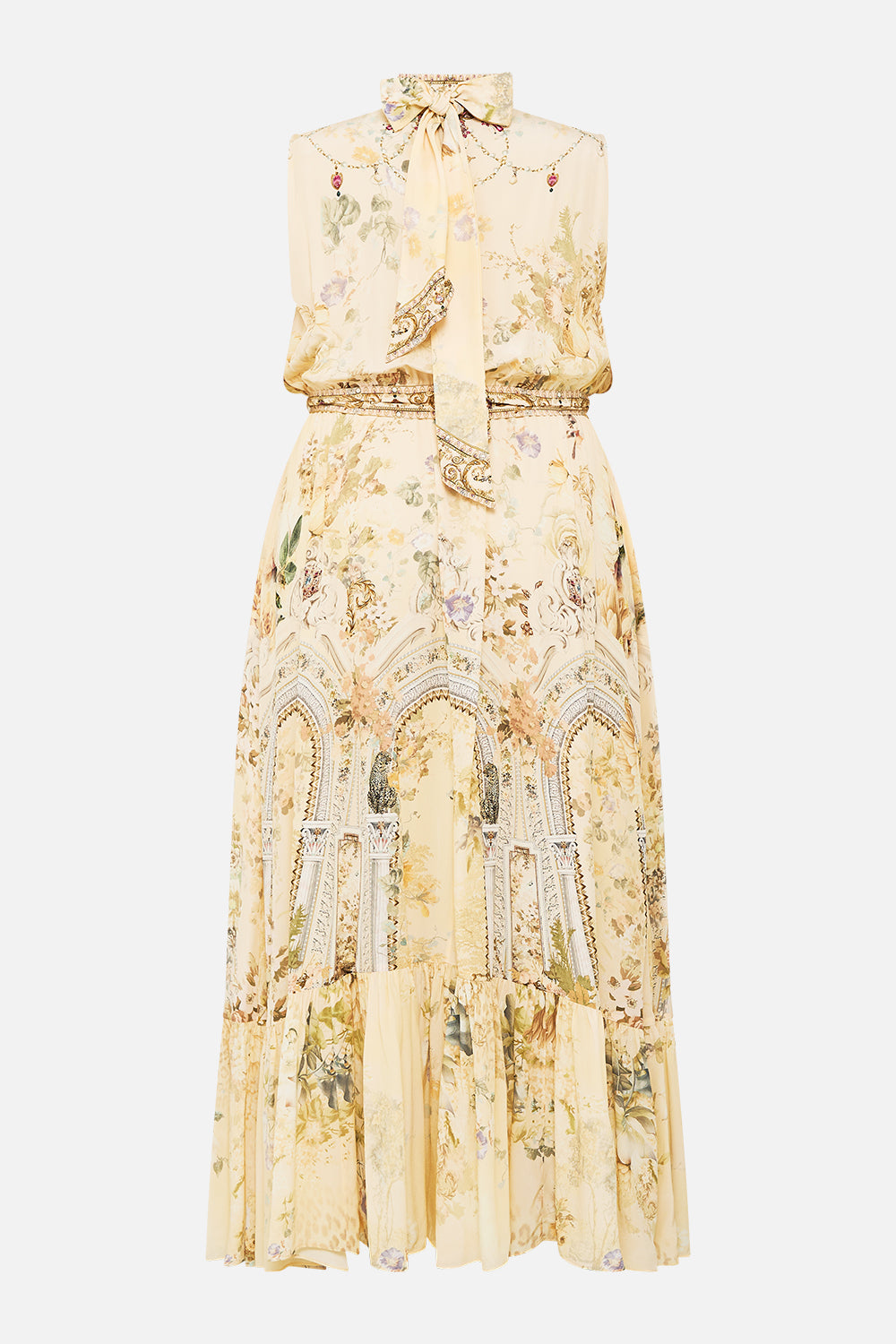 NECKTIE DRESS WITH ELASTICATED WAIST ADORNED IN ANTIQUITY