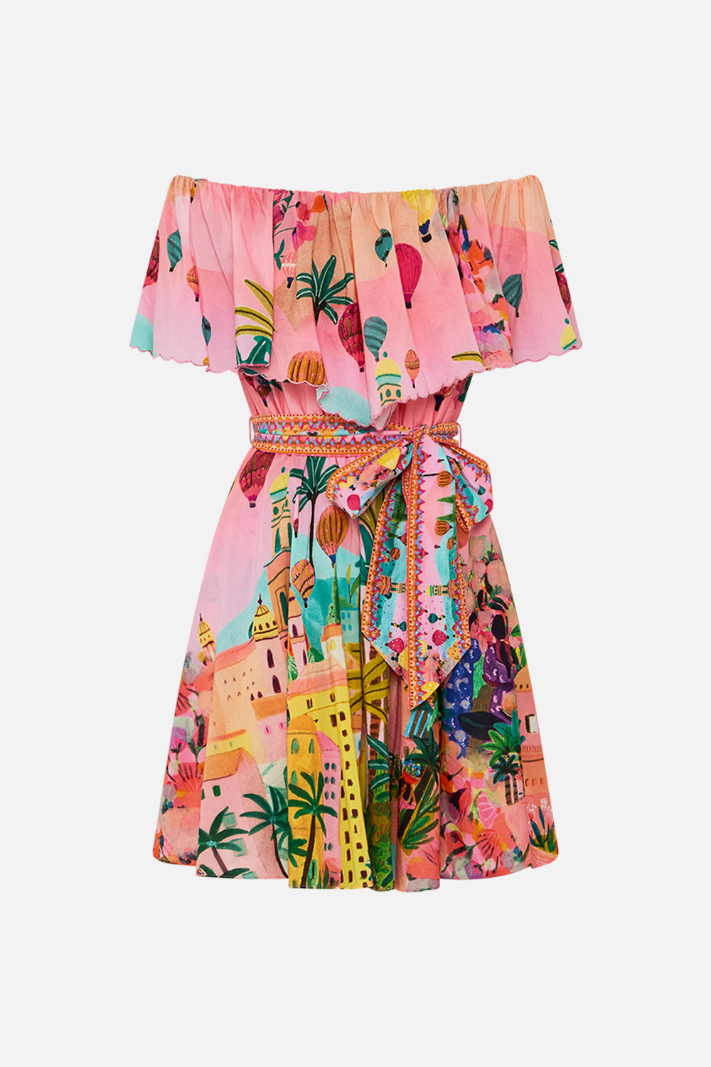 CAMILLA Shoulder Frill Short Dress in Sister Sunset print.