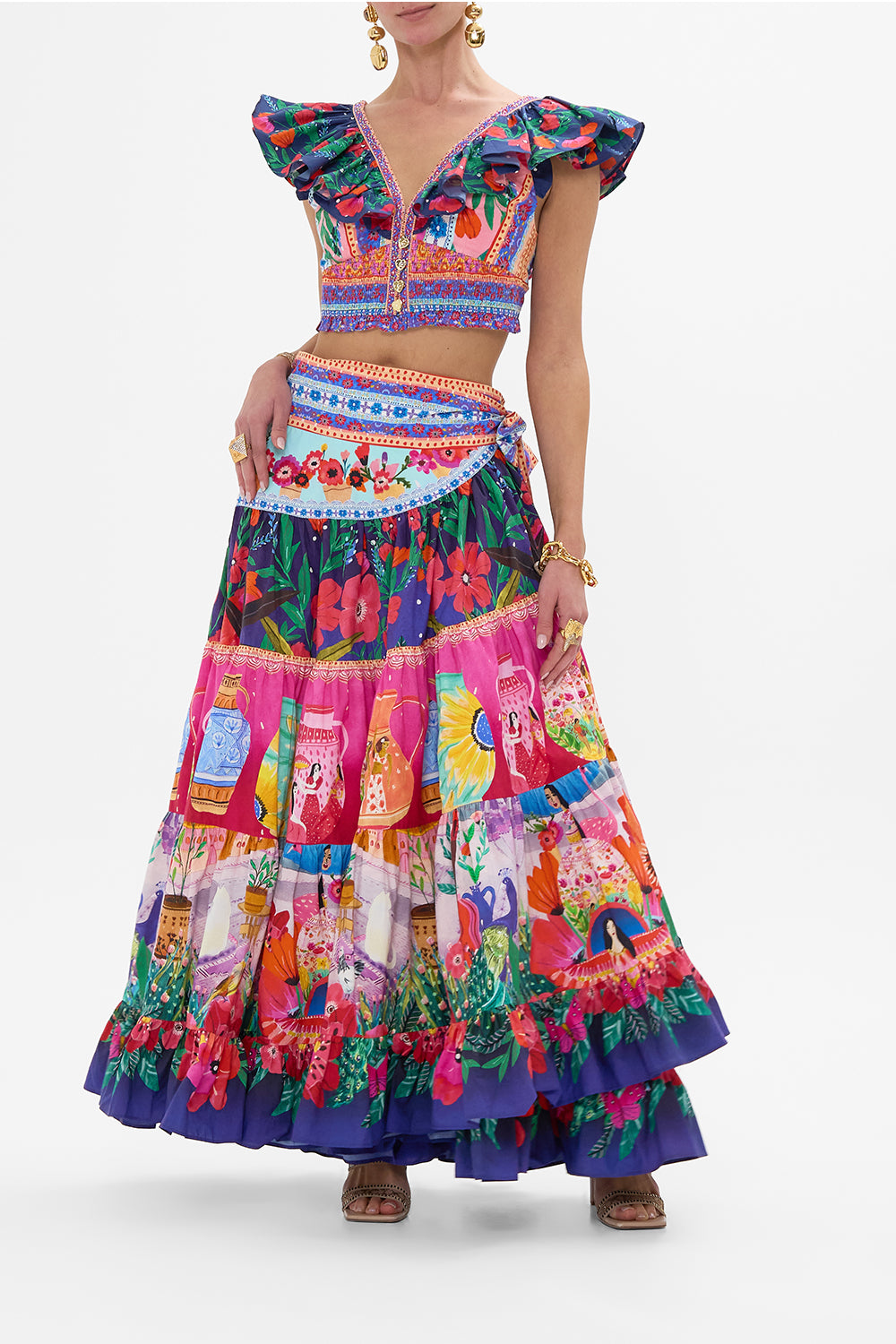 CAMILLA Deep V Frill Short Sleeve Top in Roeqiyas Realm print.