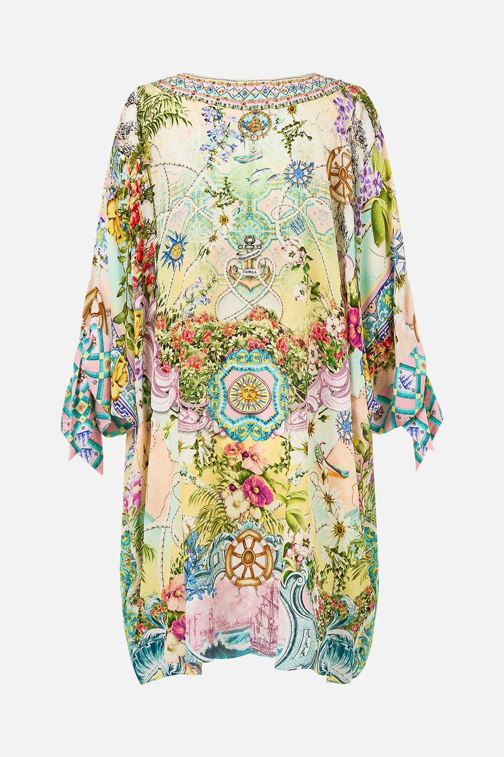 The CAMILLA Tie Sleeve Short V Neck Kaftan in our Just Coasting print.