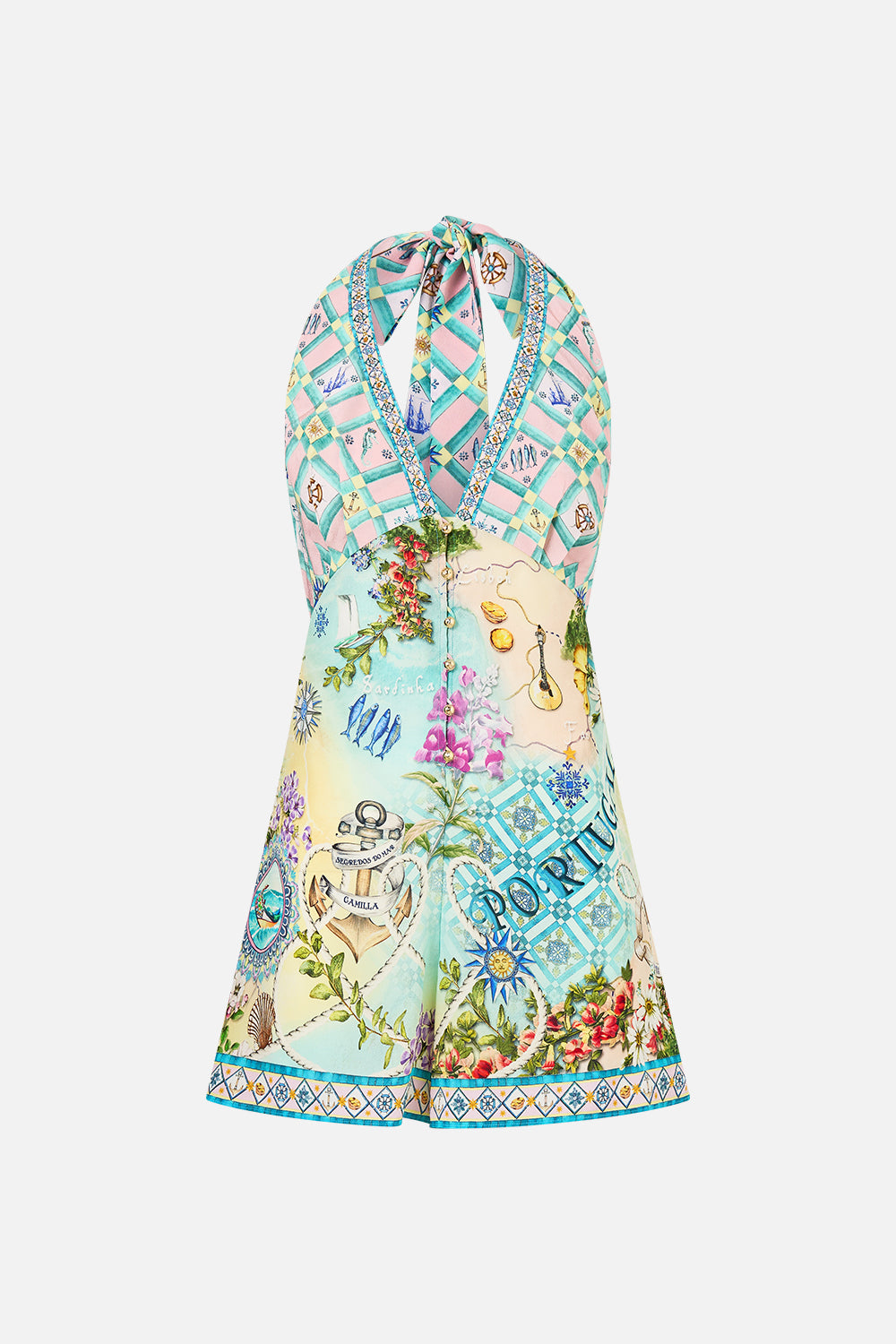 The CAMILLA Button Front Halter Playsuit in our Just Coasting print.