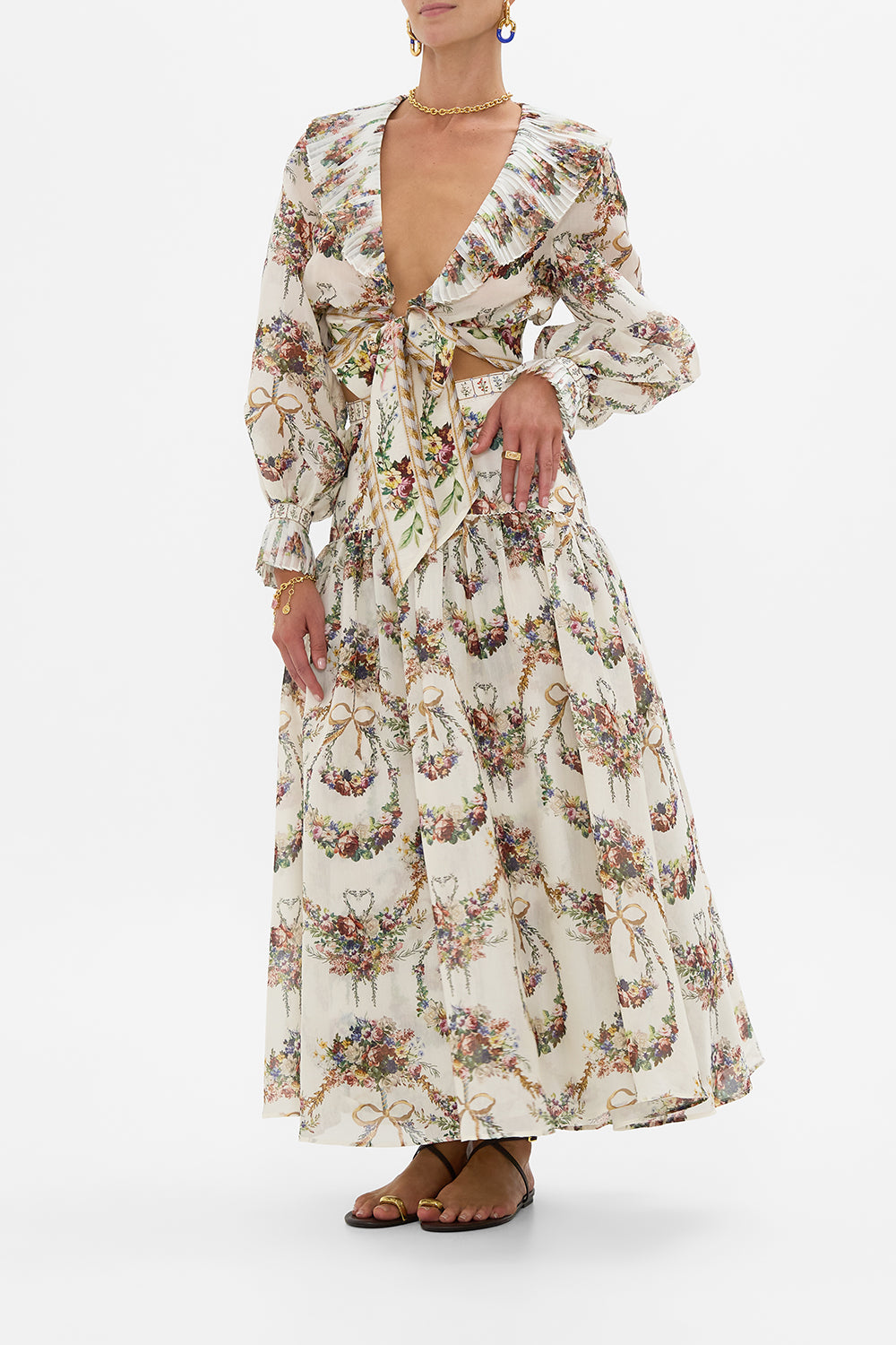 The CAMILLA Fitted Waist Gathered Skirt With Lining in our Dressing Room Drama print.