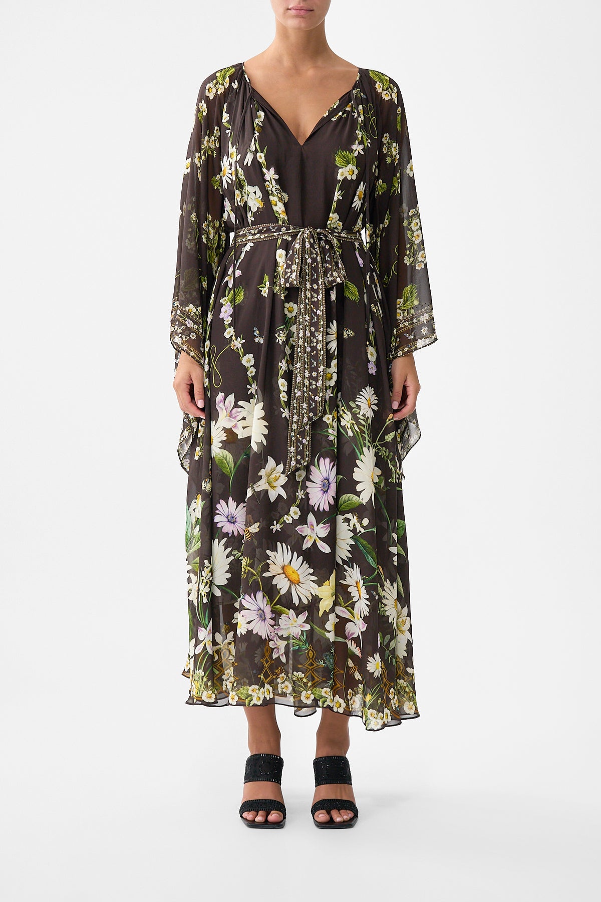 The CAMILLA Long Dress With Handkerchief Sleeve in our Dish It, Daisy print.