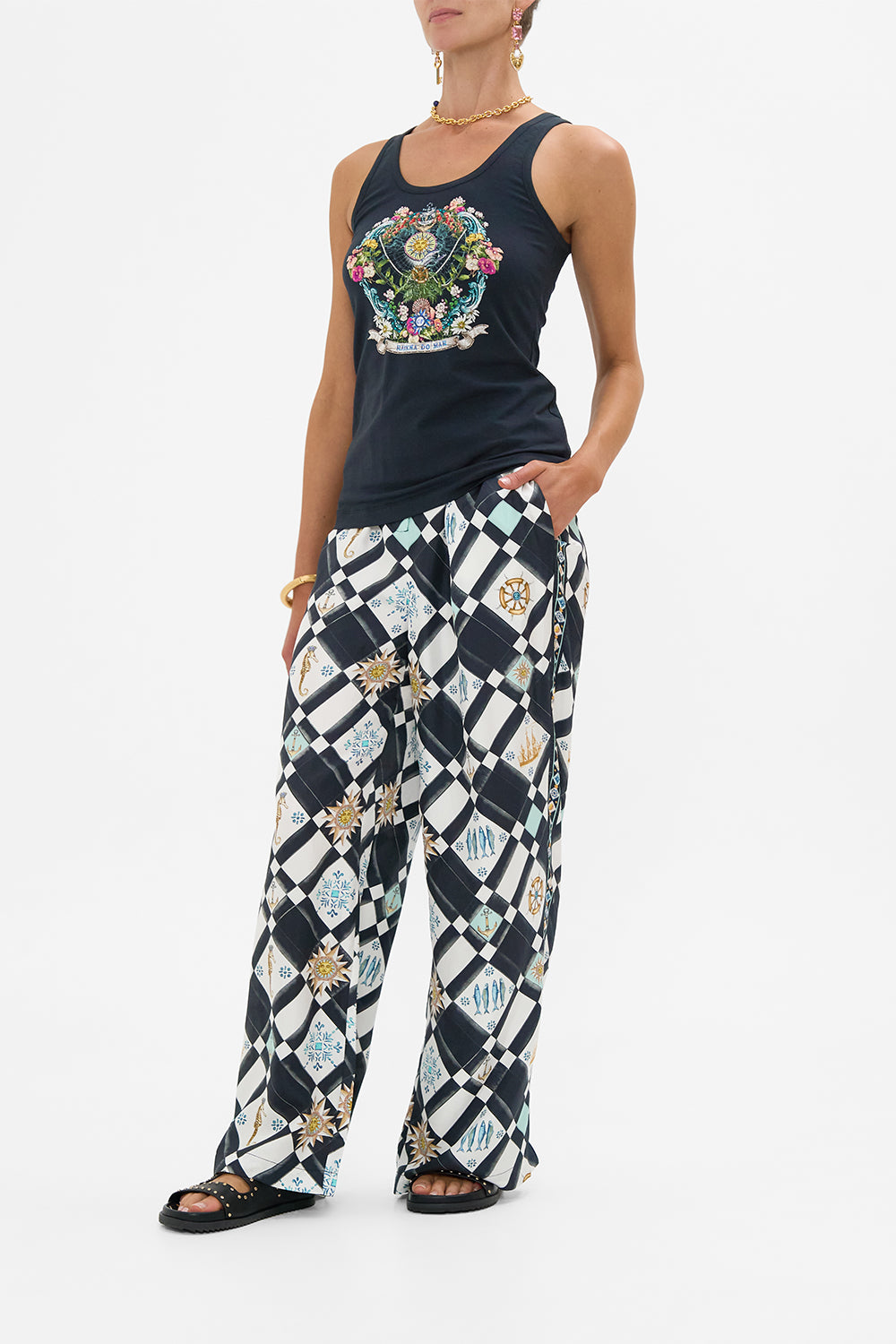 The CAMILLA Button Front Lounge Pant in our Folk Afloat print.