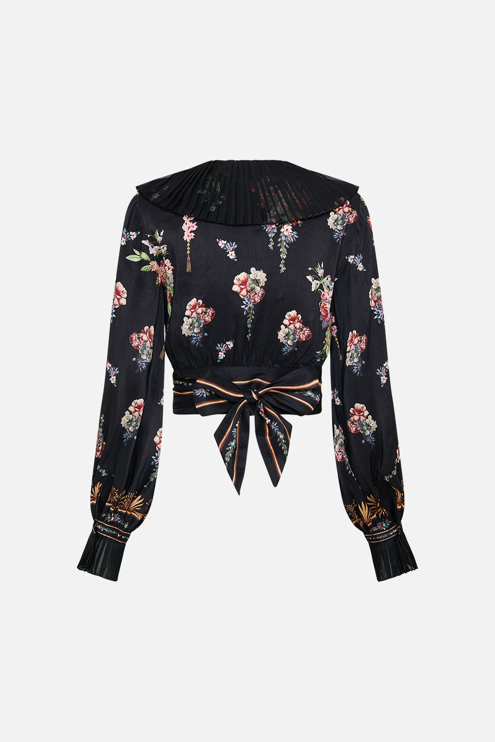 The CAMILLA Cropped Wrap Top With Pleated Detail in our Noble Endeavours print.
