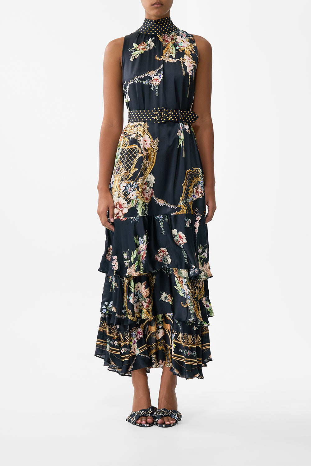 The CAMILLA Highneck Tiered Ruffle Hem Dress in our Noble Endeavours print.