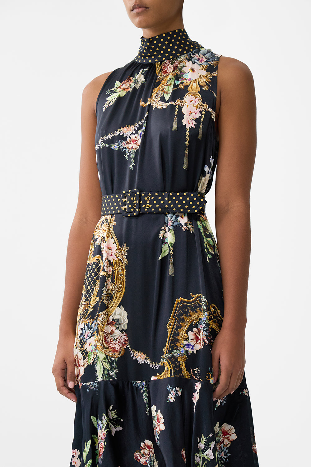 The CAMILLA Highneck Tiered Ruffle Hem Dress in our Noble Endeavours print.