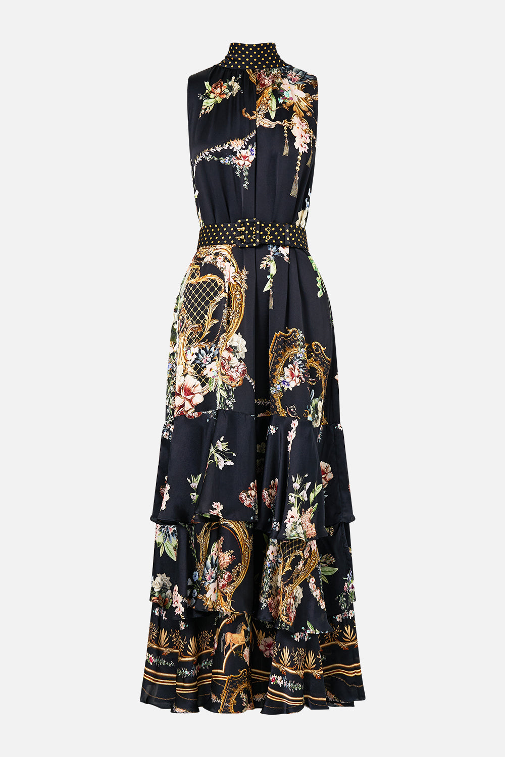 The CAMILLA Highneck Tiered Ruffle Hem Dress in our Noble Endeavours print.