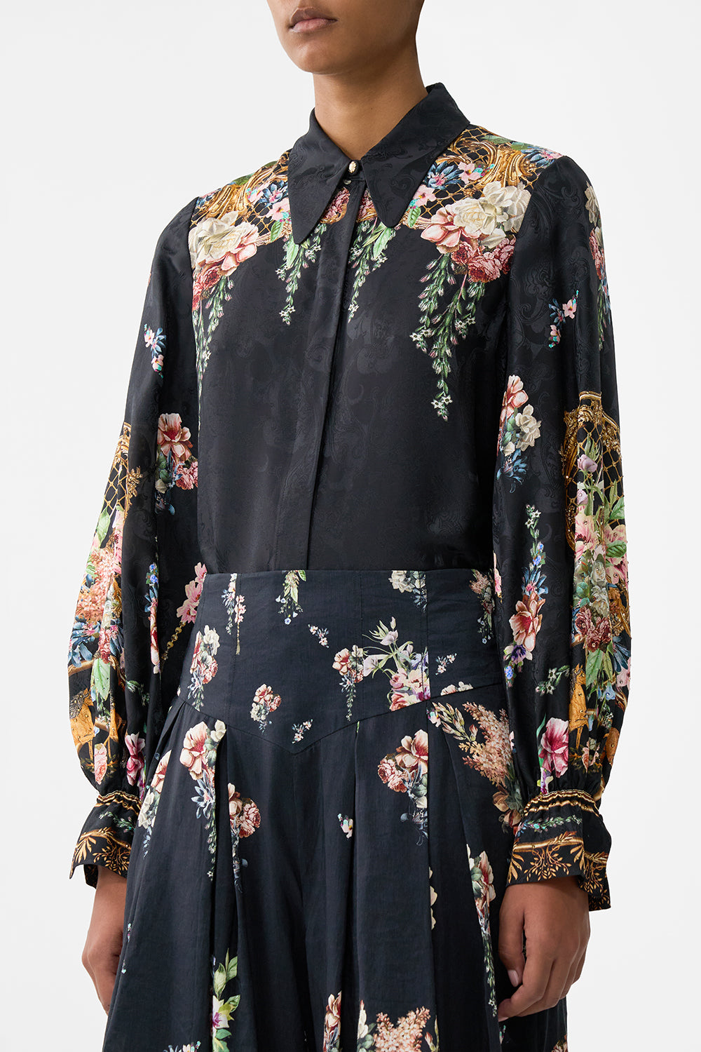 The CAMILLA Curved Collar Blouse in our Noble Endeavours print.