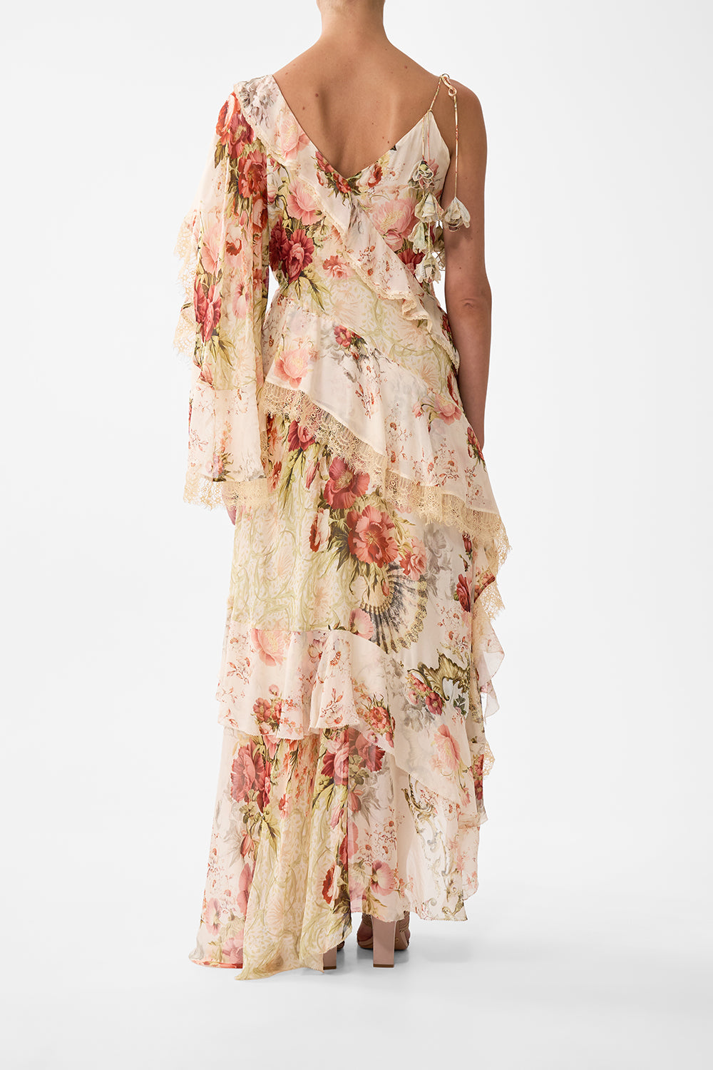 The CAMILLA Asymmetric Spliced Ruffle Dress in our Meet Me At The Majestic print.