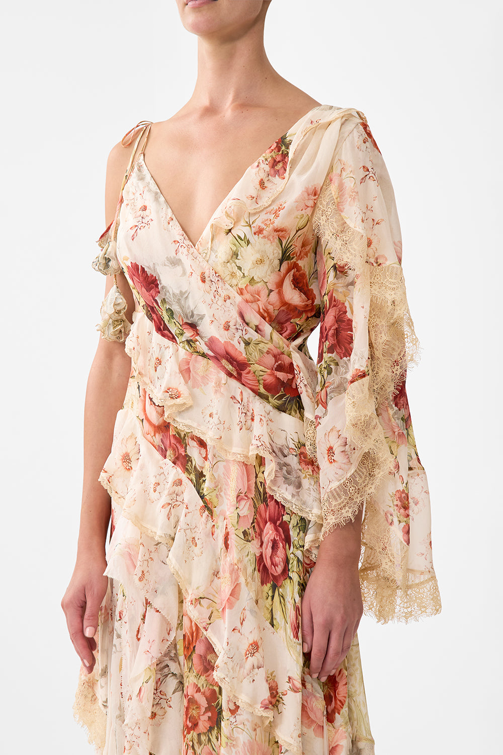 The CAMILLA Asymmetric Spliced Ruffle Dress in our Meet Me At The Majestic print.