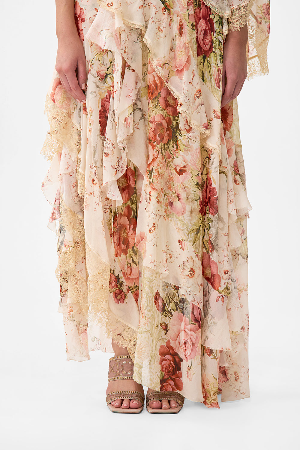 The CAMILLA Asymmetric Spliced Ruffle Dress in our Meet Me At The Majestic print.