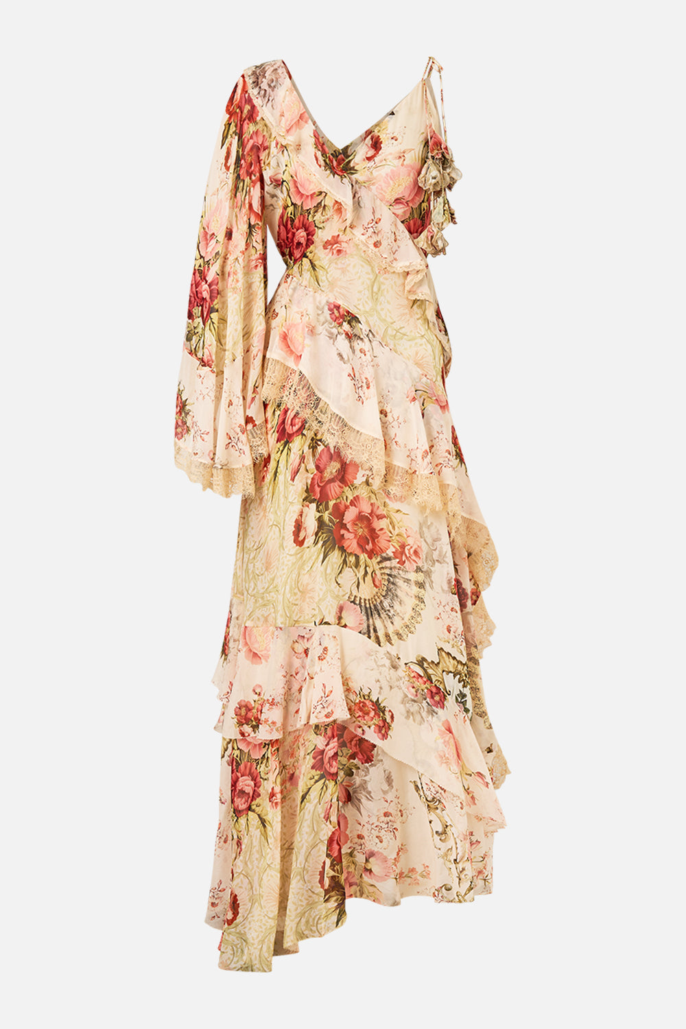 The CAMILLA Asymmetric Spliced Ruffle Dress in our Meet Me At The Majestic print.