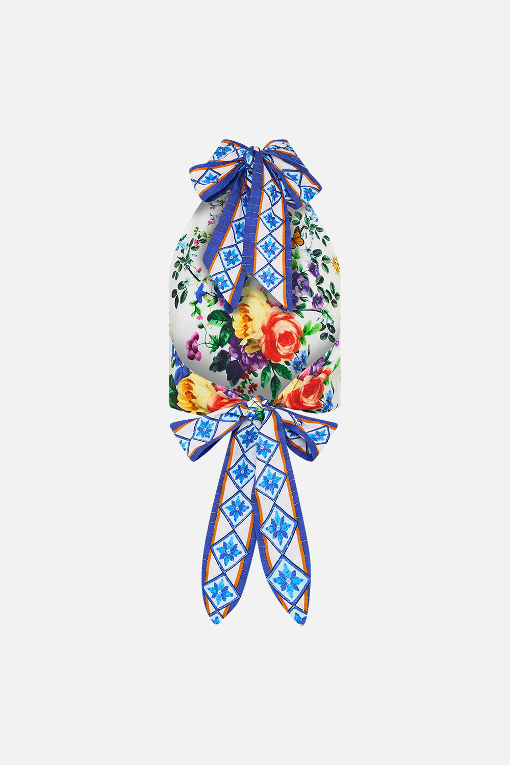 The CAMILLA Halter Tie Back Top in our Tiles Darls print.