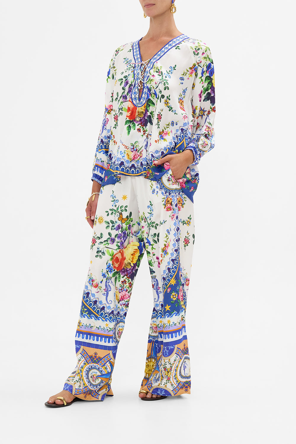 The CAMILLA Lace Up Blouse in our Tiles Darls print.