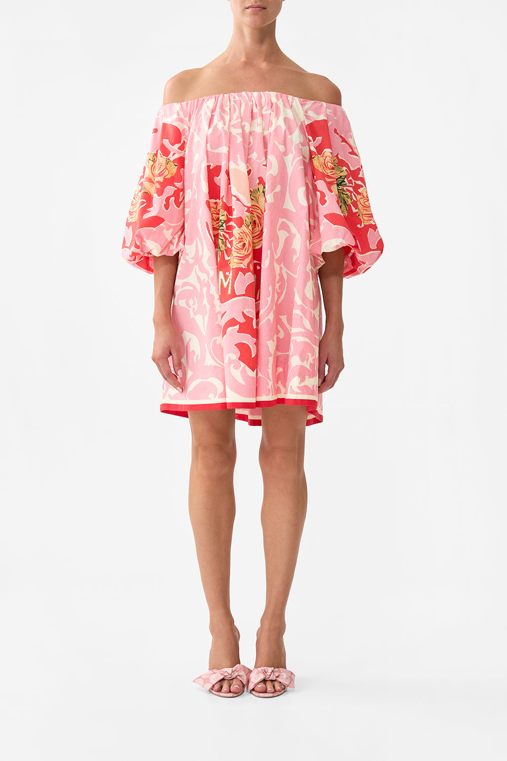 The CAMILLA Off Shoulder Puff Dress in our Pink Porto print.