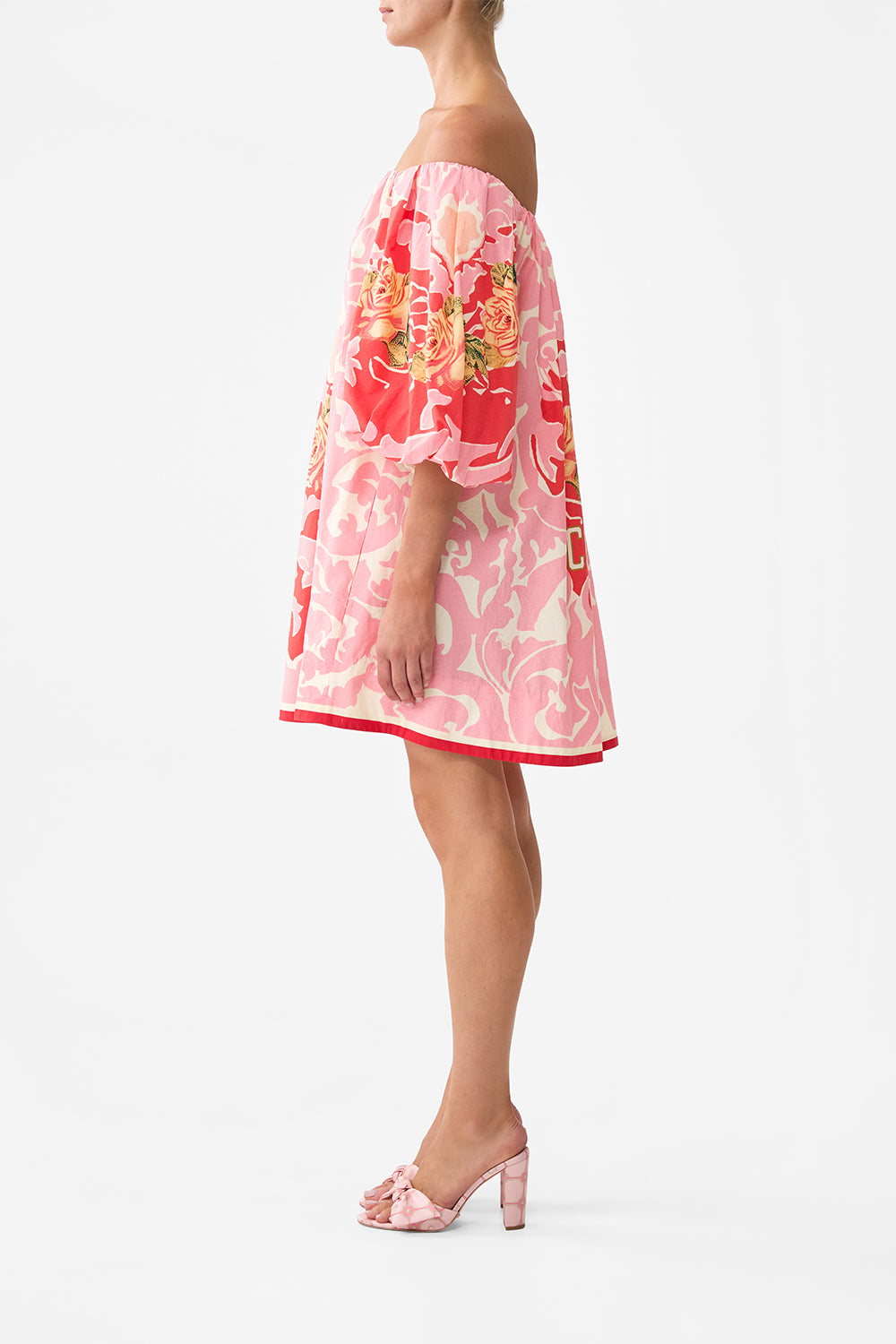 The CAMILLA Off Shoulder Puff Dress in our Pink Porto print.