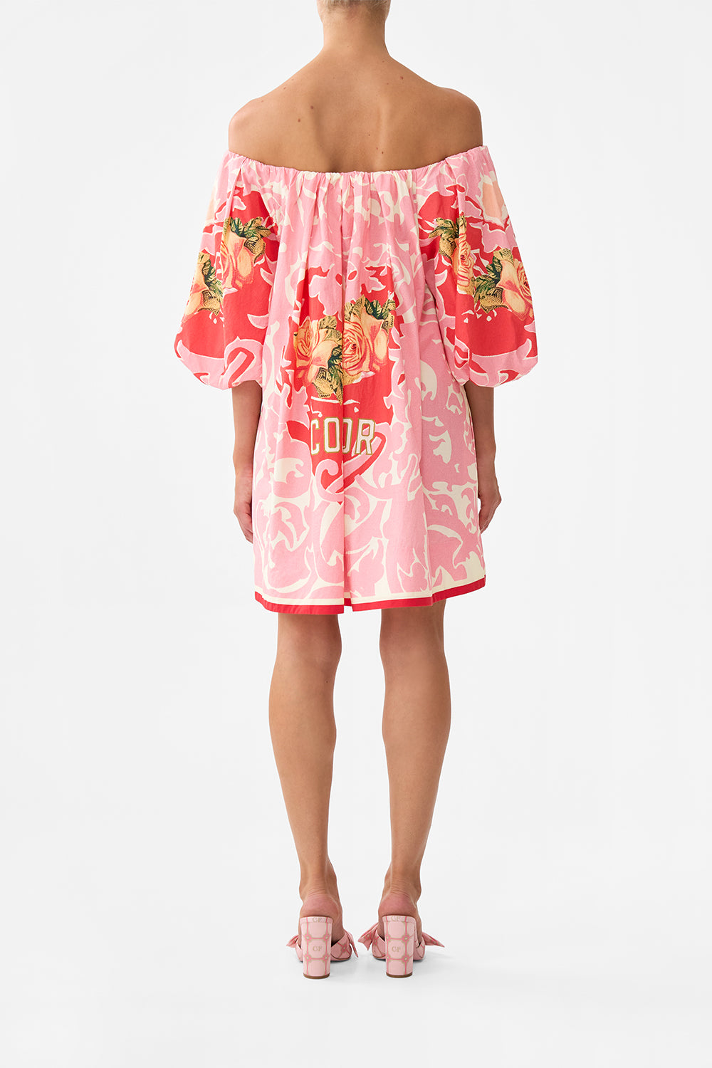 The CAMILLA Off Shoulder Puff Dress in our Pink Porto print.