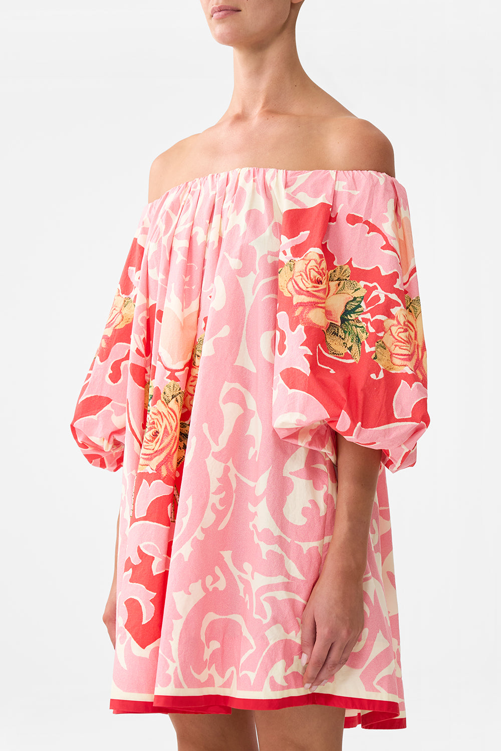 The CAMILLA Off Shoulder Puff Dress in our Pink Porto print.