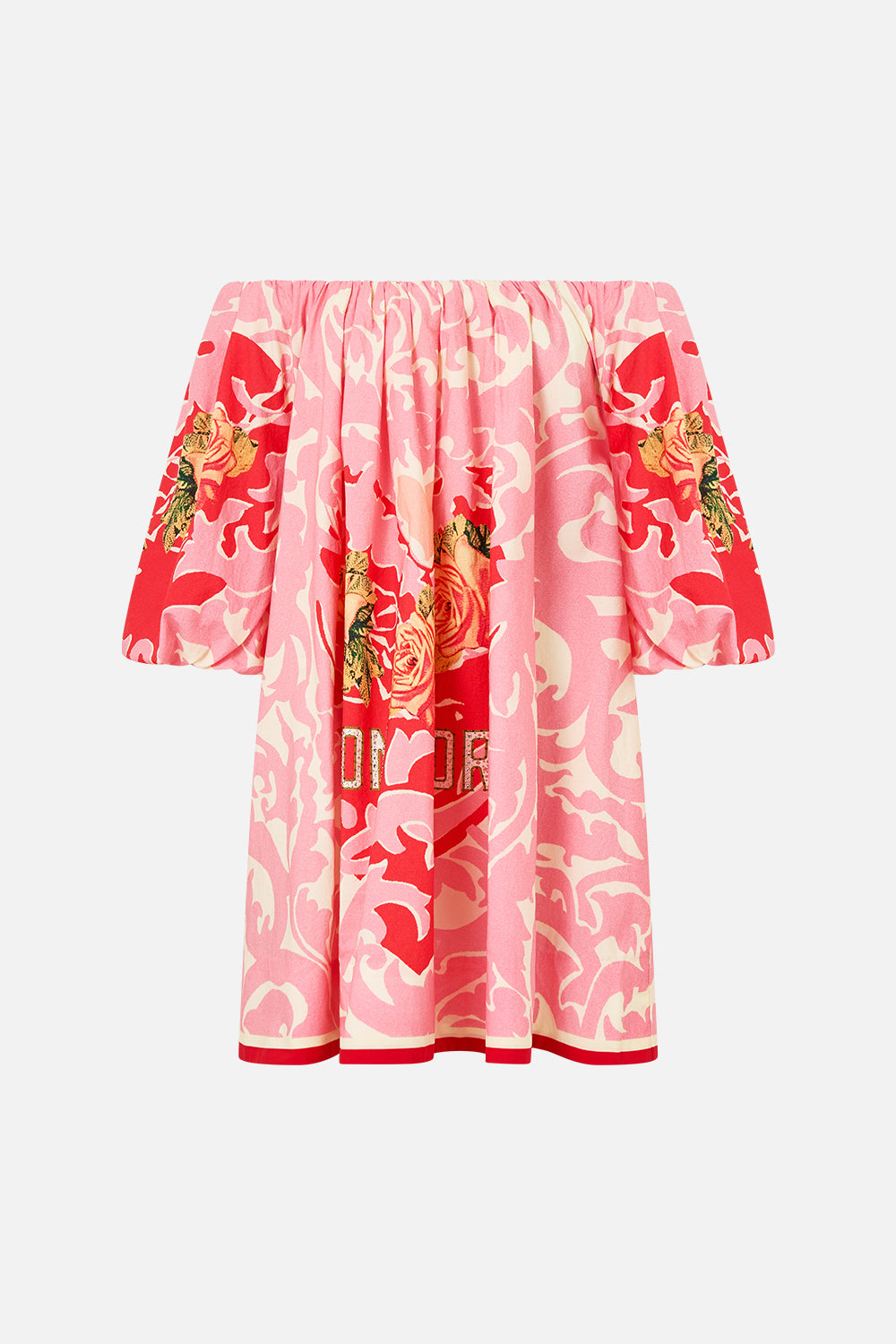 The CAMILLA Off Shoulder Puff Dress in our Pink Porto print.