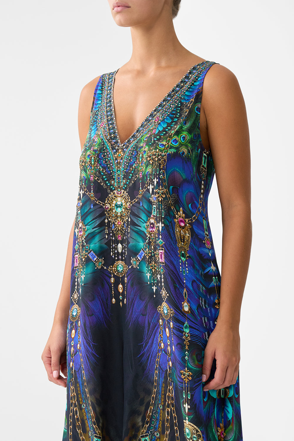 The CAMILLA V Neck Flared Jumpsuit in our Dominican Decadence print.