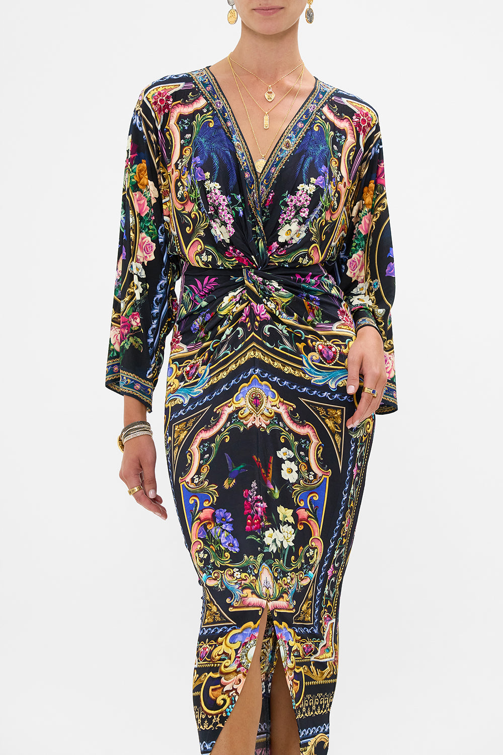 The CAMILLA Long Split Front Twist Dress in our Basked In Baroque print.
