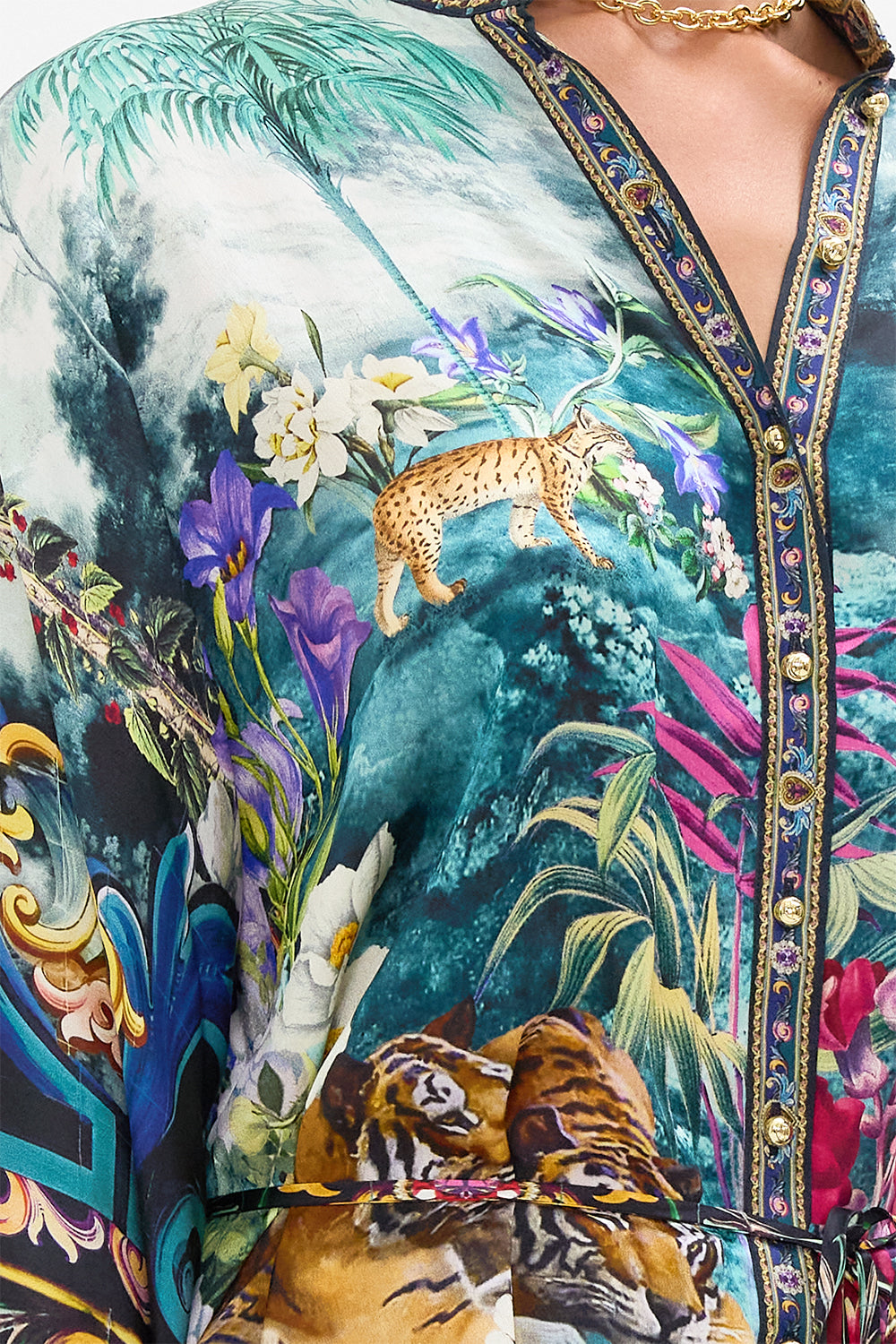 The CAMILLA Button Through Scarf Blouse in our Basked In Baroque print.