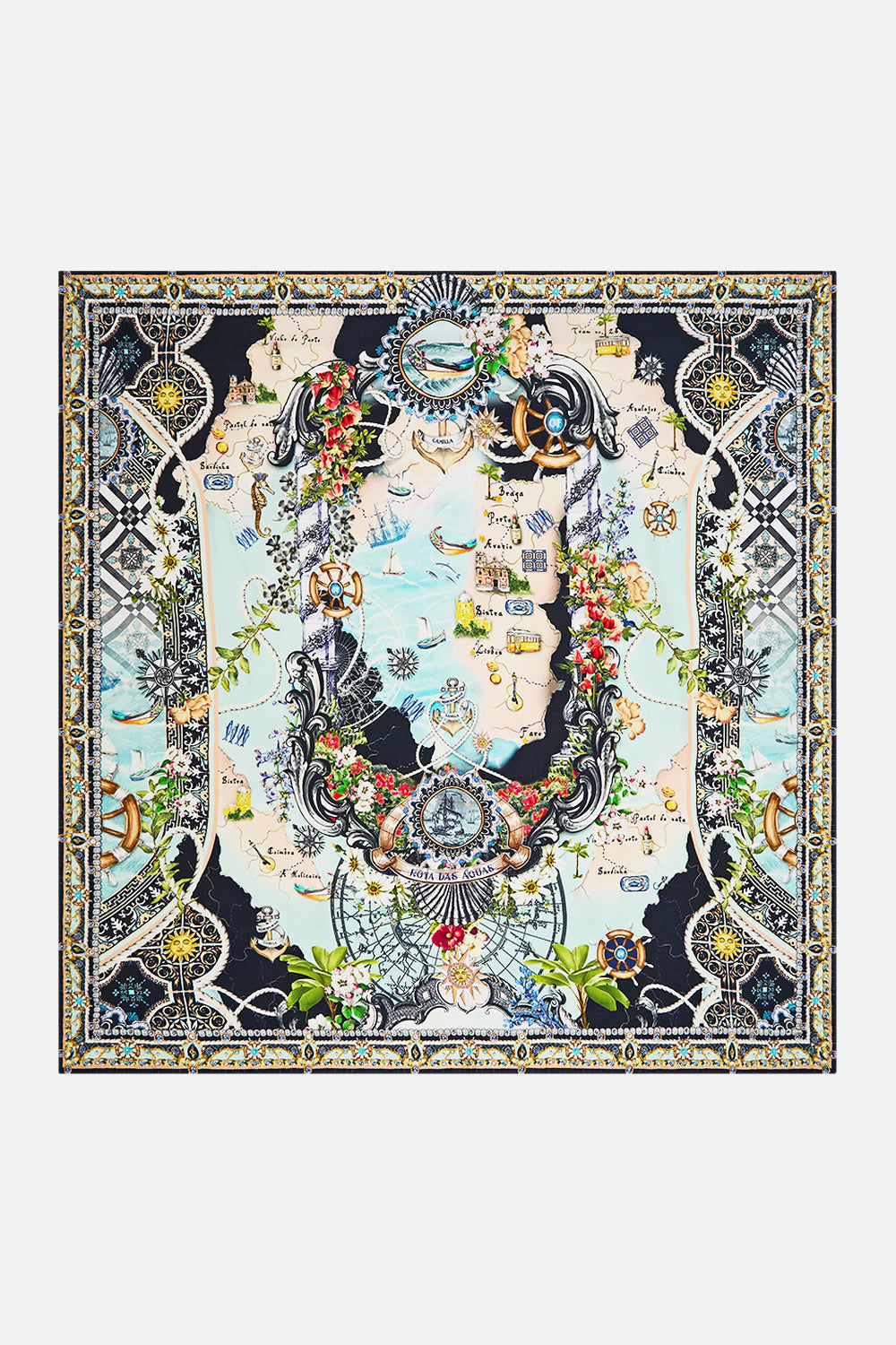 The CAMILLA Large Crystalled Silk Square Scarf in our Folk Afloat print.