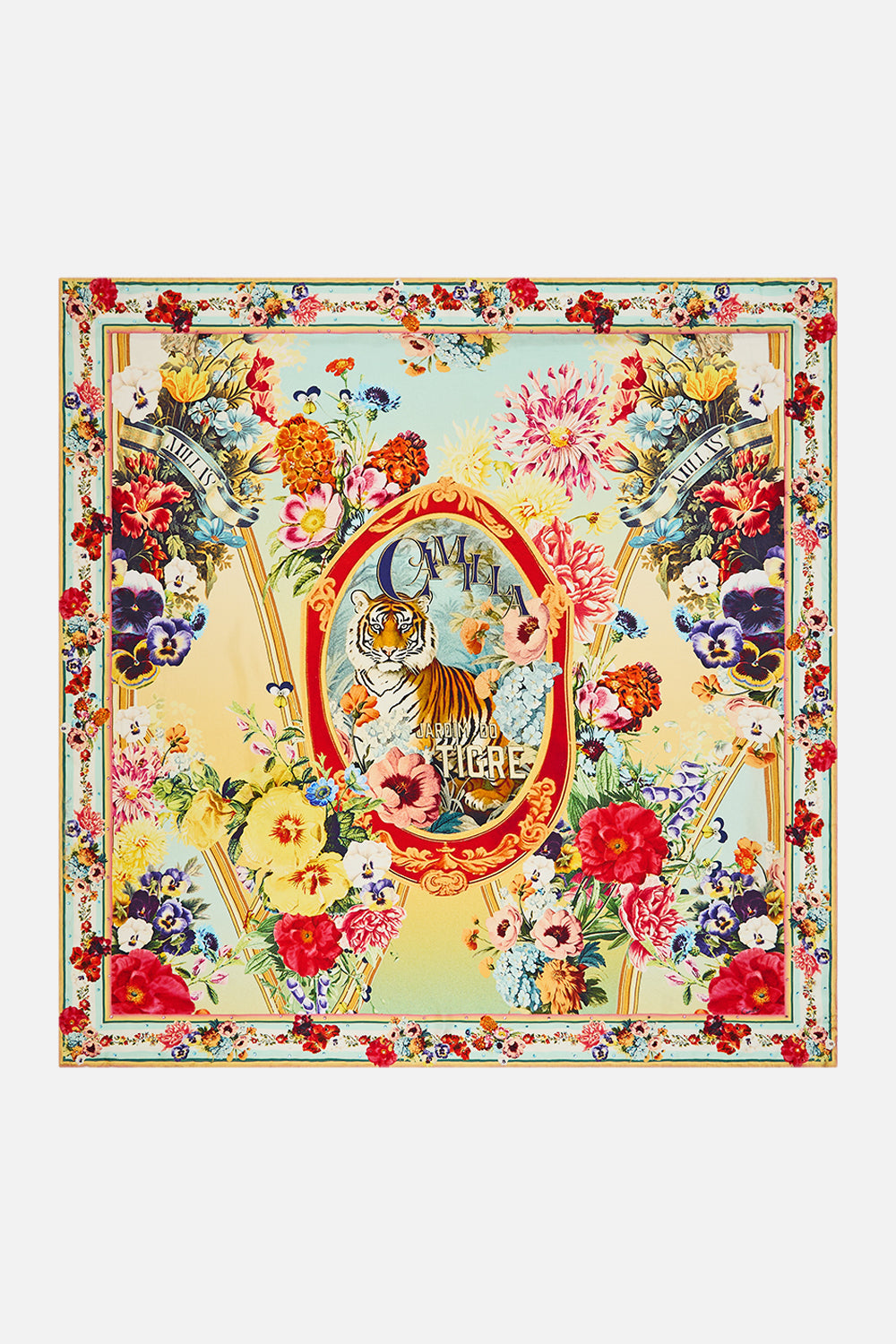 The CAMILLA Large Crystalled Silk Square Scarf in our Aromatic Tiger Flower print.