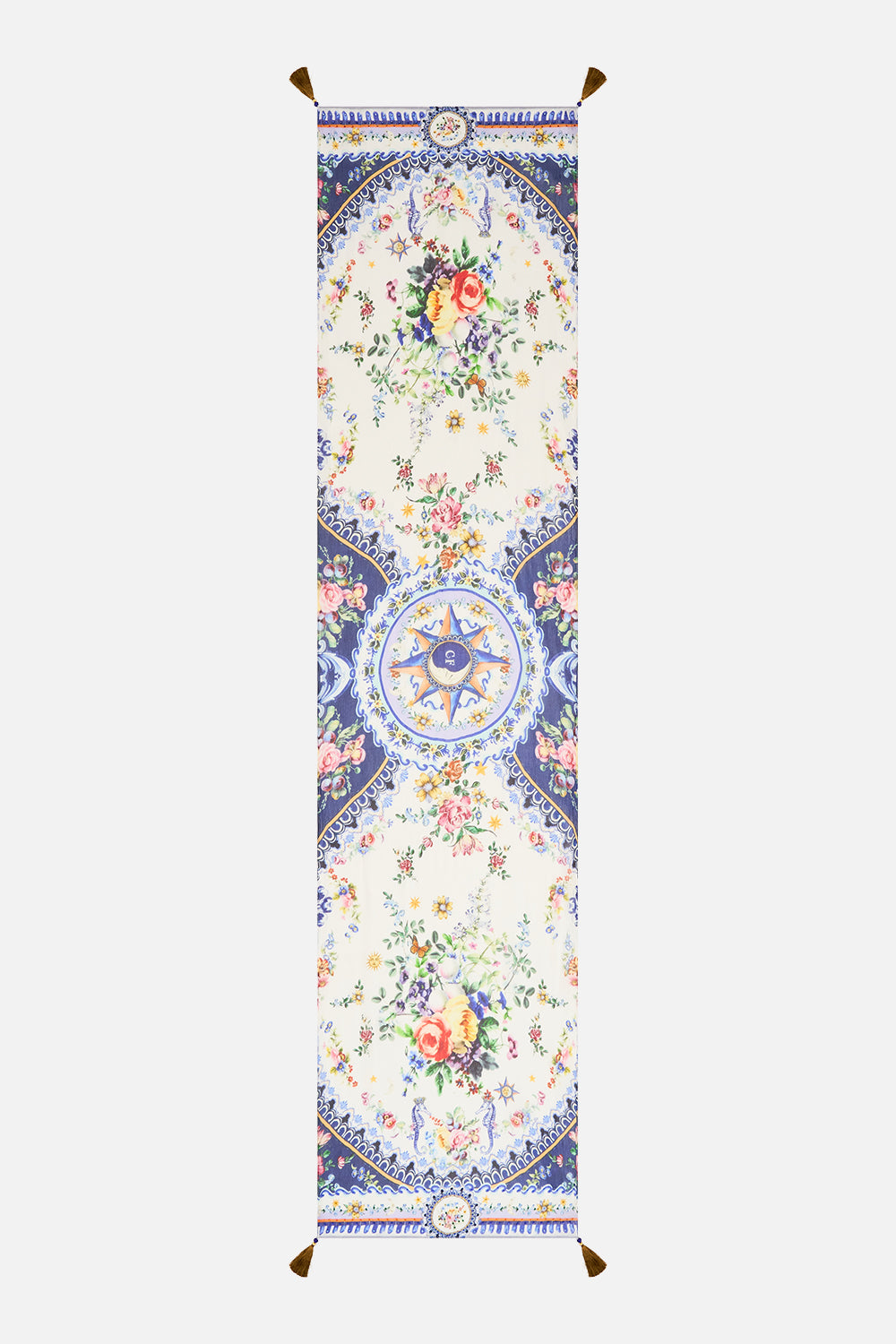 The CAMILLA Long Silk Crinkle Chiffon Scarf in our Tiles Darls print.