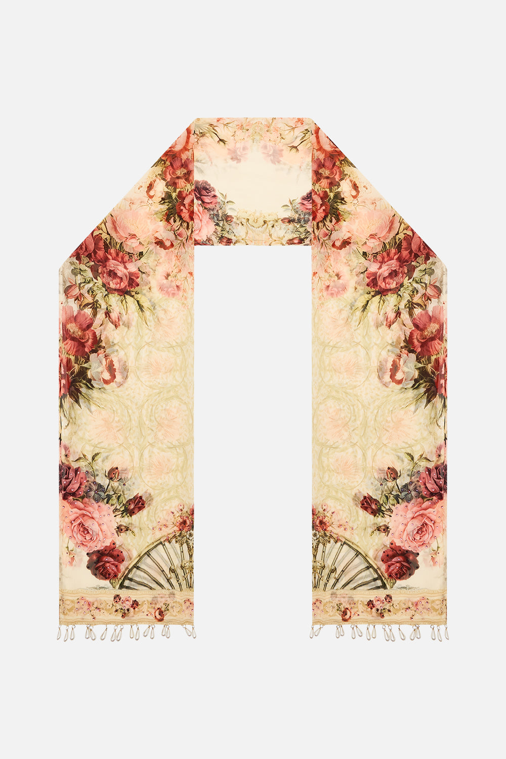 The CAMILLA Long Silk Crinkle Chiffon Scarf in our Meet Me At The Majestic print.