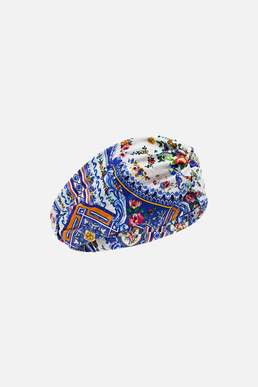 The CAMILLA Woven Twist Headband in our Tiles Darls print.