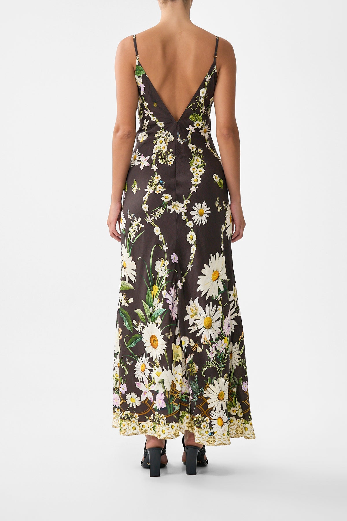 The CAMILLA V Neck Full Length Bias Slip Dress in our Dish It, Daisy print.
