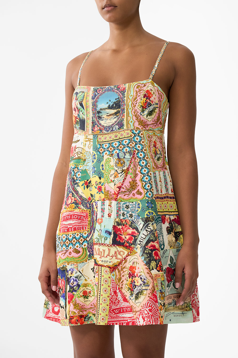 The CAMILLA Short Square Neck Sundress in our Soap Opera print.