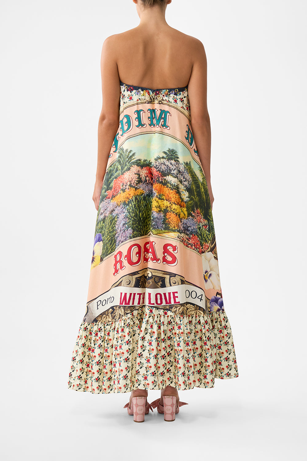 The CAMILLA Strapless Maxi With Ruffle Hem in our Aromatic Amor print.