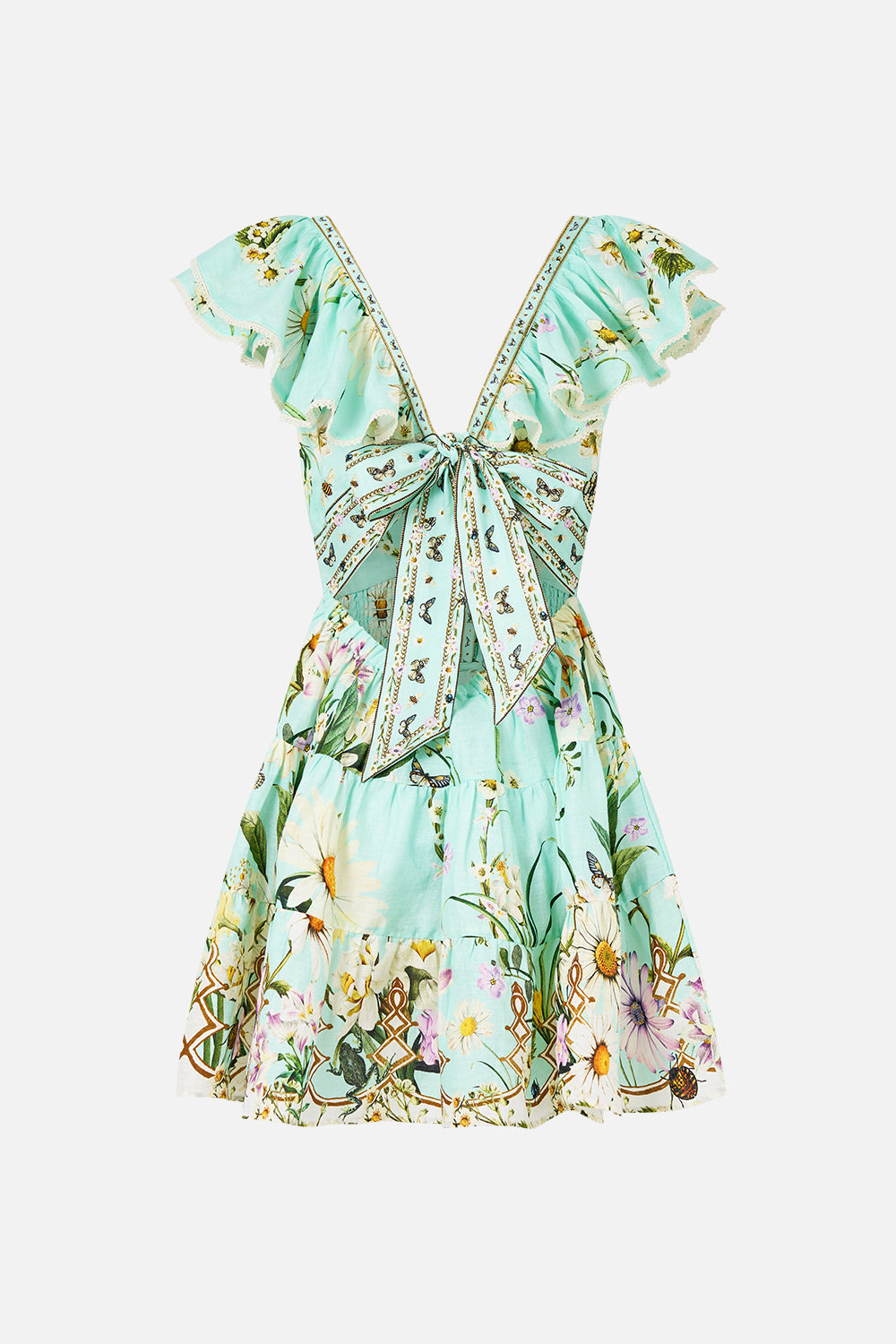 The CAMILLA Tiered Short Dress With Neck Frill in our Floral Freefall print.