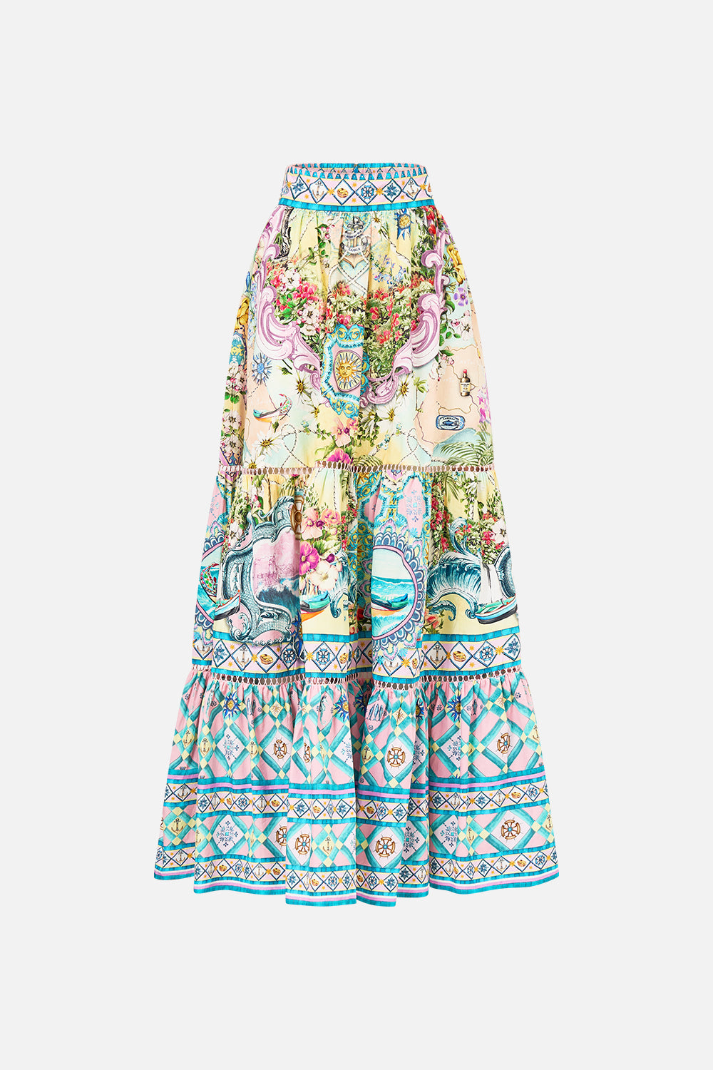 The CAMILLA High Waisted Tiered Skirt in our Just Coasting print.