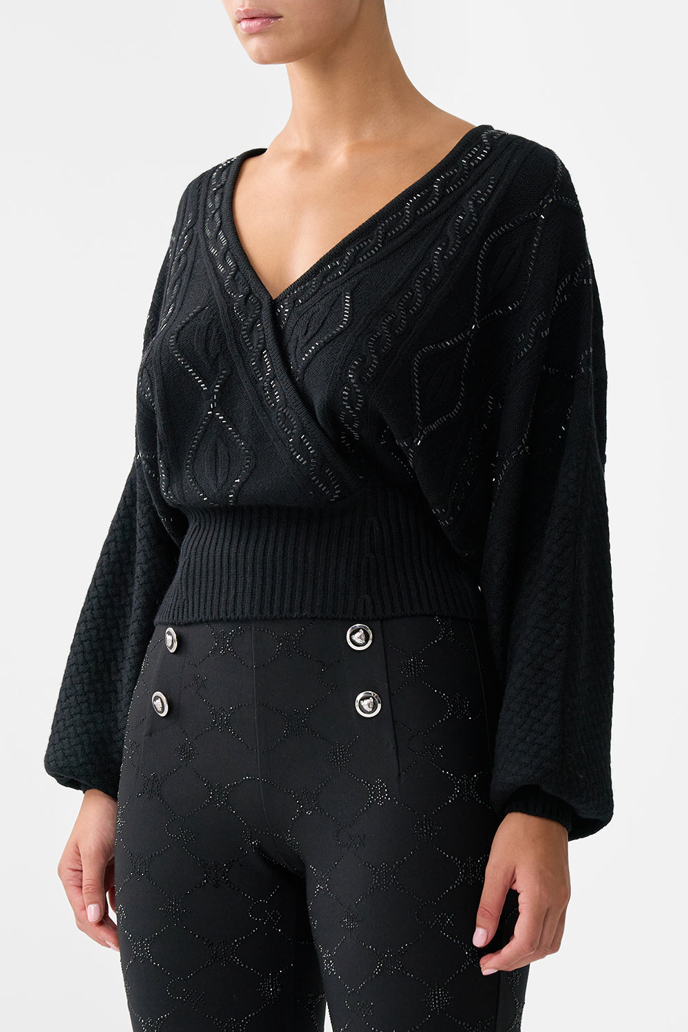 The CAMILLA Surplice Neck Knit Jumper in our Solid Black print.