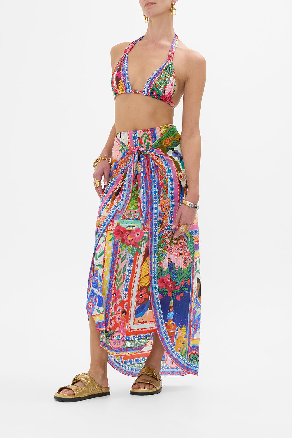 CAMILLA in Layered Long Sarong With Front Tie in Roeqiyas Realm print.