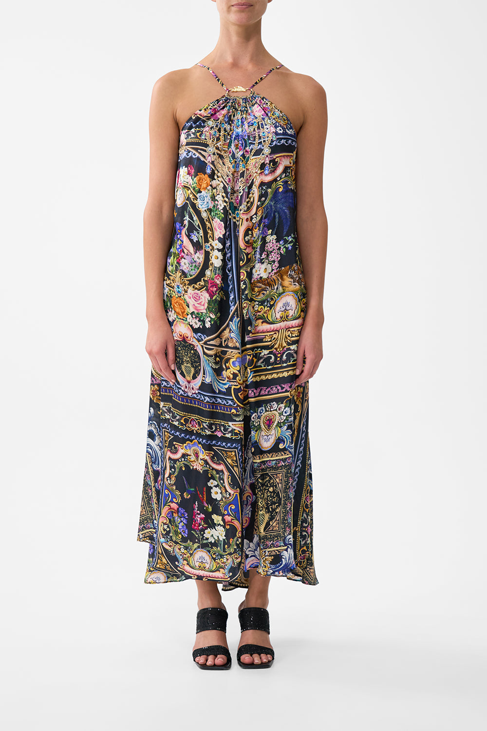 The CAMILLA Gather Neck Hardware Maxi Dress in our Basked In Baroque print.