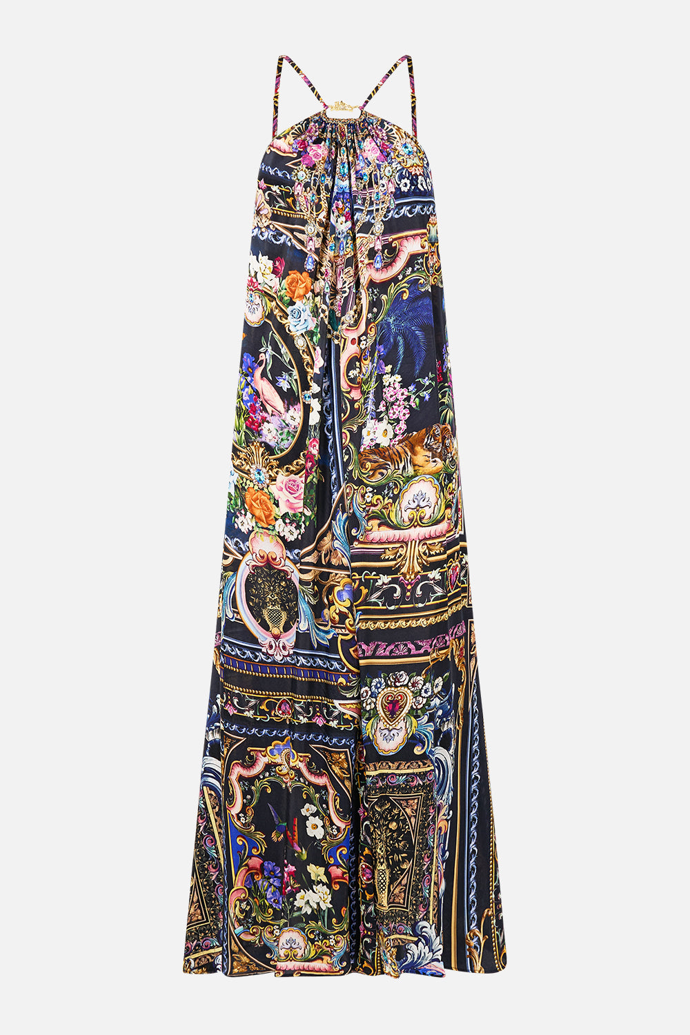 The CAMILLA Gather Neck Hardware Maxi Dress in our Basked In Baroque print.