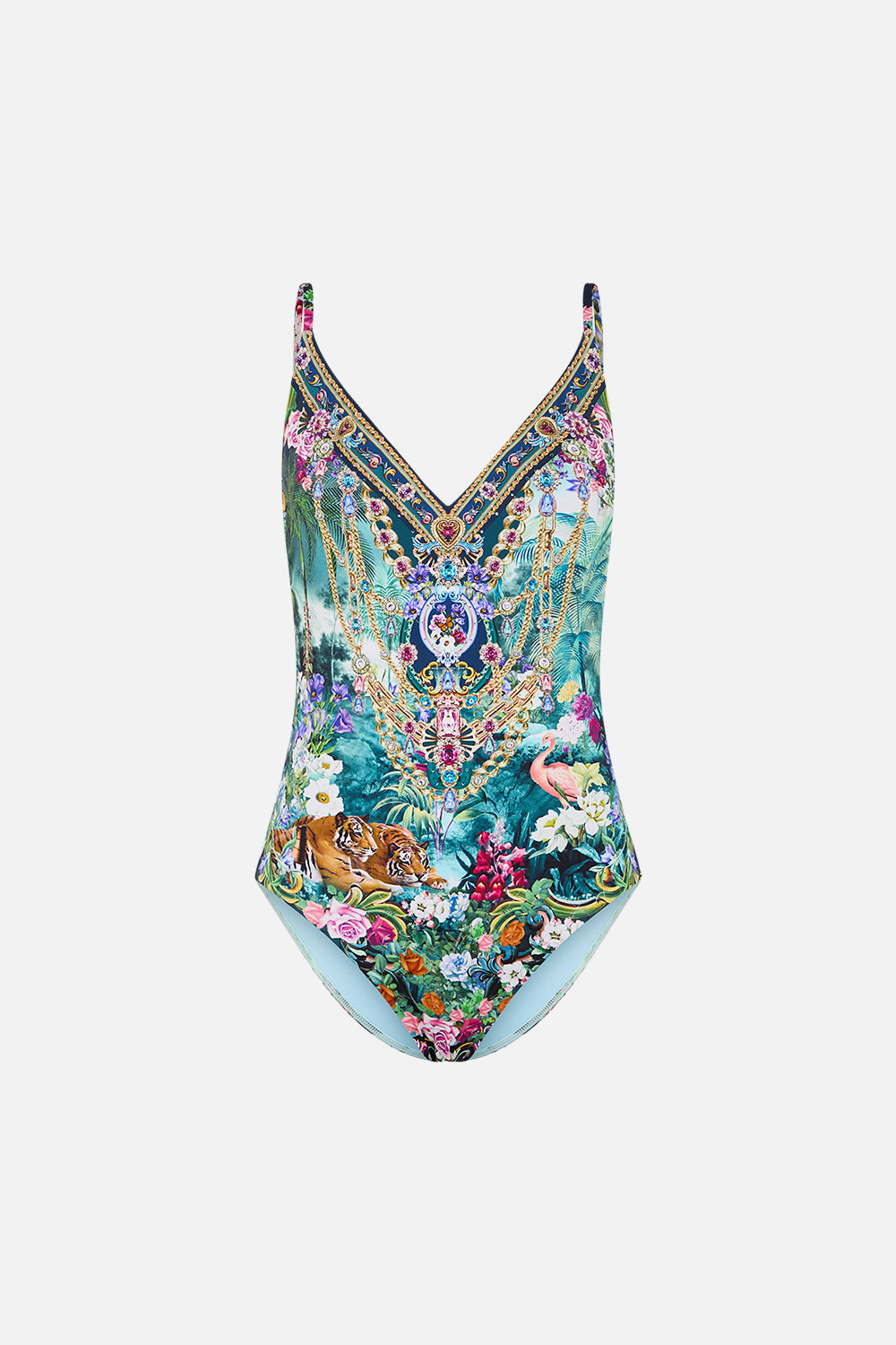 The CAMILLA V Neck Underwire One Piece With Back Clip in our Basked In Baroque print.