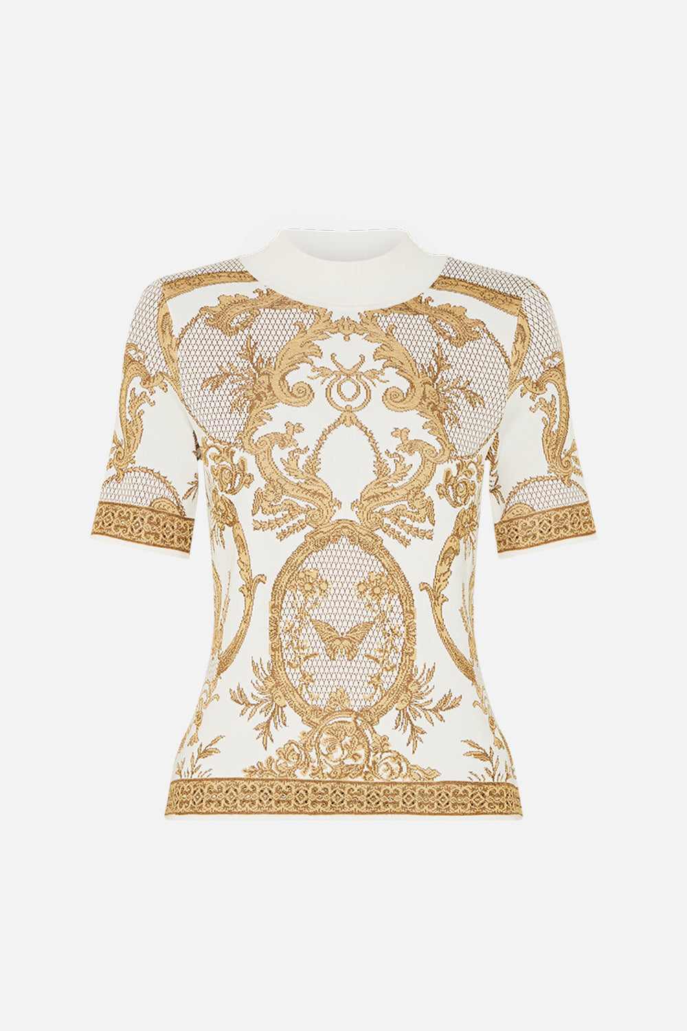 The CAMILLA Mock Neck Knit Top in our Dressing Room Drama print.